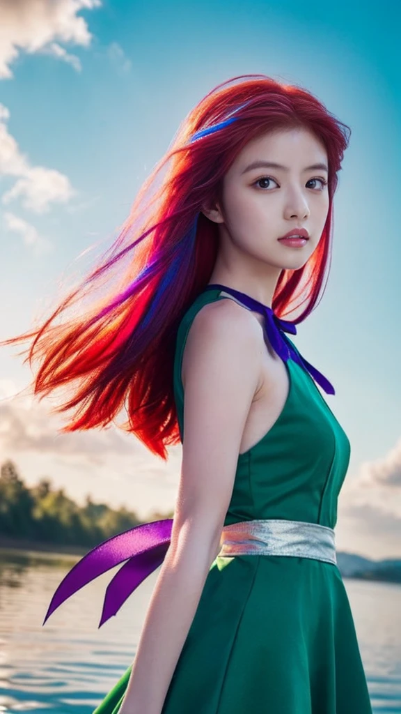 1.5),(1 girl),(dynamic pose),(multicoloredhead+silver hair:1.3+redhead:1.2+purple hair+Hair:1.3+green hair:1.3),(blue eyes),(neck ribbon),(floating),(cloud),(Too many droplets of water),(twilight),(watercolor),(wide shot)