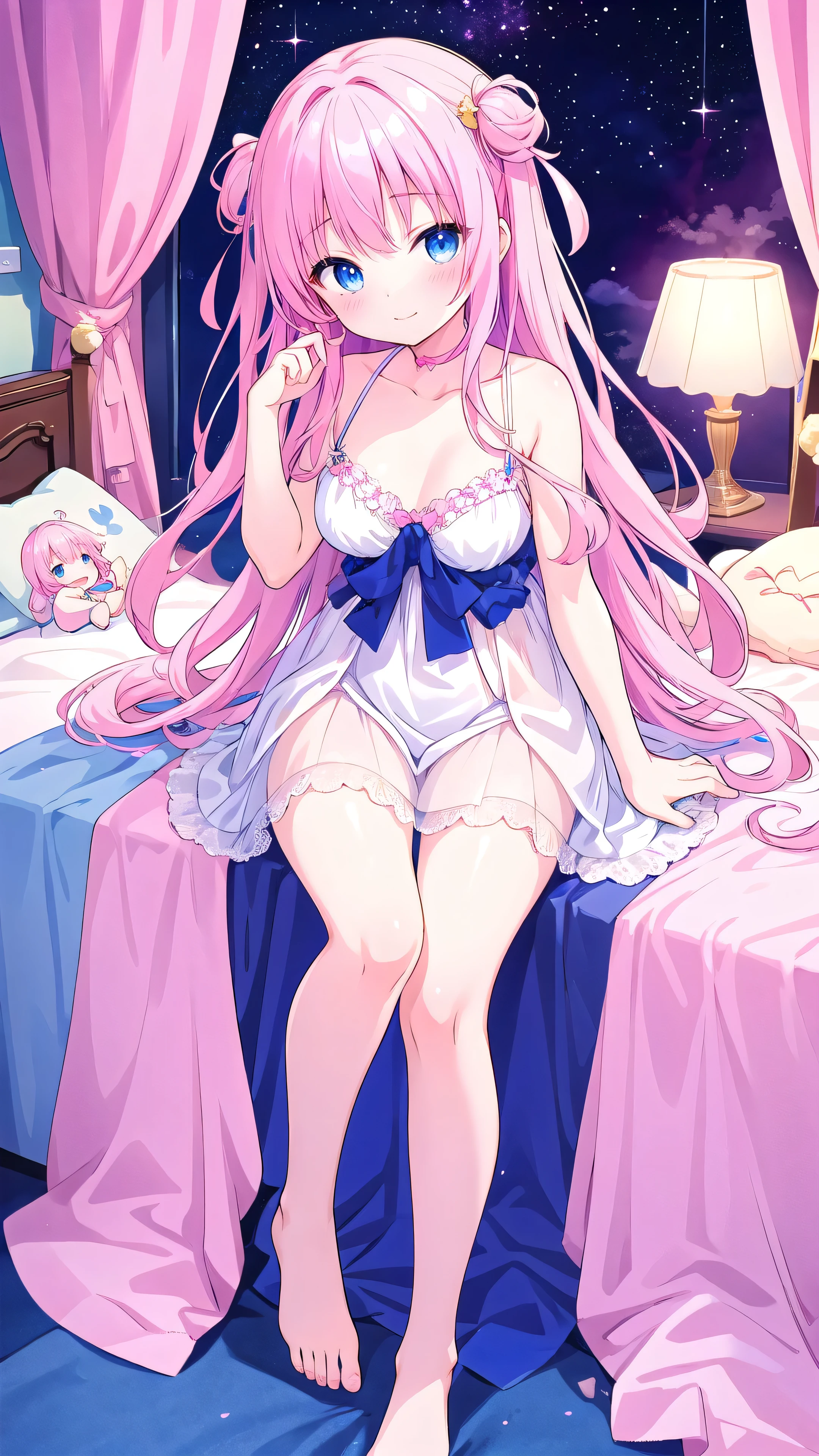 highest quality, masterpiece, High resolution, For both men and women, Have sex、{night:1.10}, {Starry Sky:1.10}, On the bed,{El-chan_Hirogarasu Ki Pretty Cure:1.15}, {Completely naked:1.30}, purple_hair, 前hair, hair_ornament, green_eye, dull_前hair, Open_mouth, blush, pink_hair, length_hair, multiple_girl, 2girl, hair_flower, A light smile、Push your butt back、Angle from behind、Breast enlargement、Turn your ass towards me、Big Breasts、My face is covered in milk、Protruding nipples、