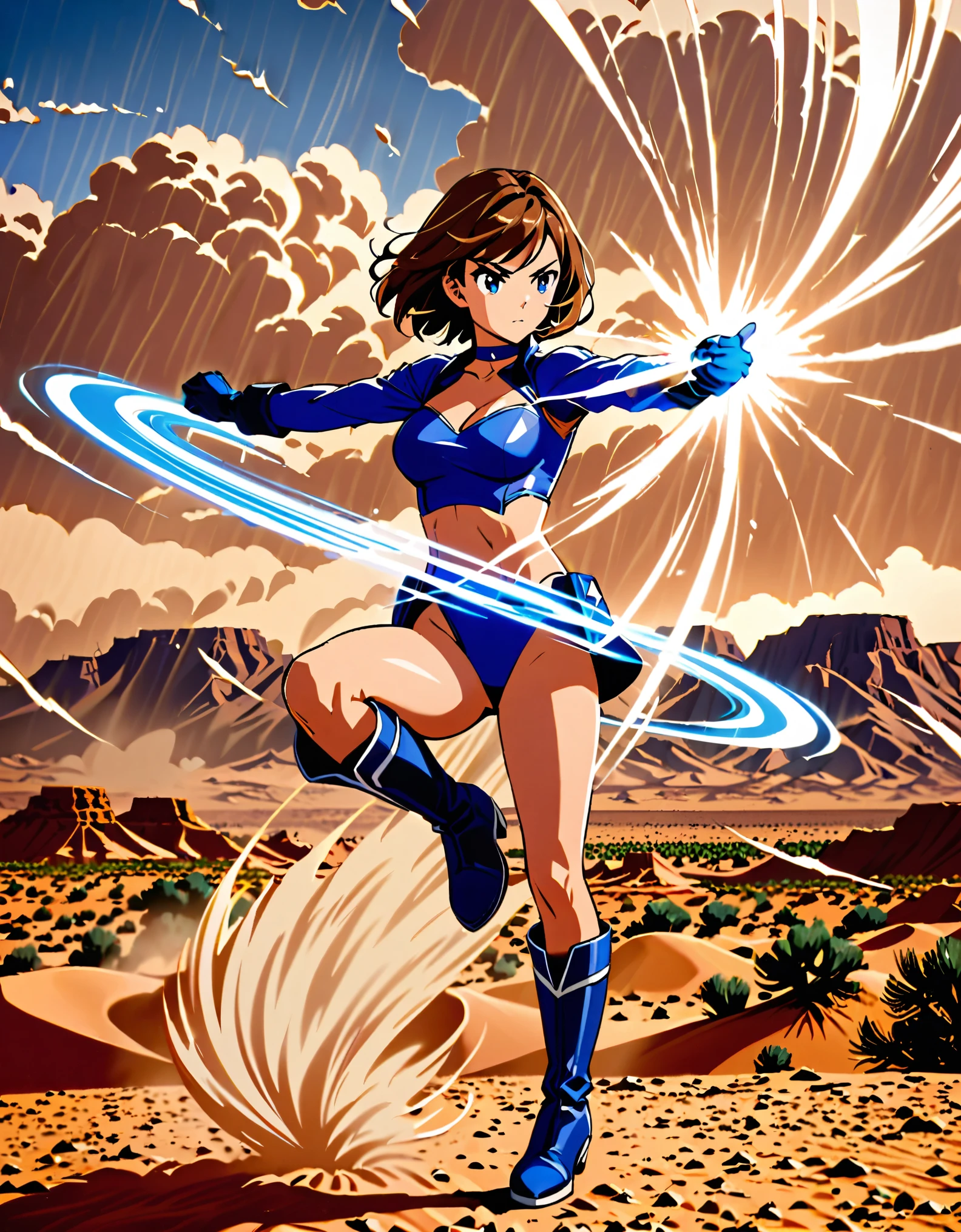 1girl, superhero, blue choker, blue eyes, blue footwear, blue gloves, boots, leotard, midriff, long sleeves, medium breasts, brown hair, knee boots, short hair, bob hair, solo, determined, full body, desert backdrop, sandstorm, college-age female. raised arms. She spins at an incredible speed, creating a whirlwind of air around her. She rotates her body in place at super speed. She spins fast in place like a tornado. Cyclone spinning. Rapid gyration. Tornado winds around her. She super-spins. Spiral lines around her body.