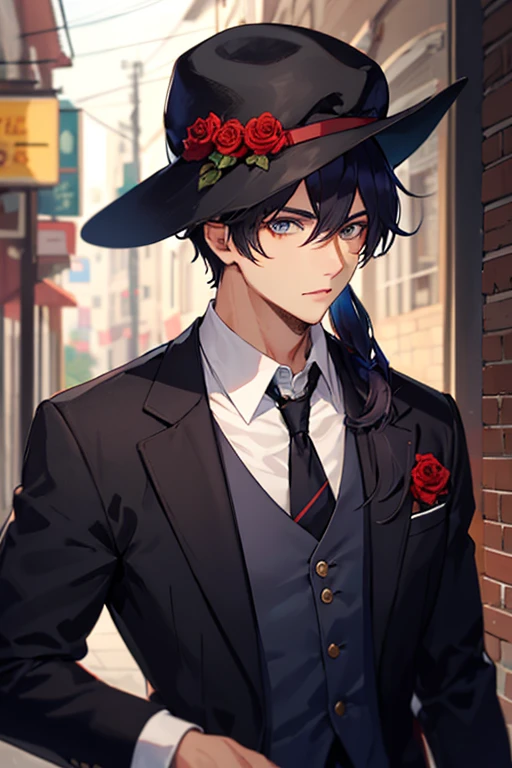 Hombre joven, cabello morado corto, gorra negra, en traje ?????, con una rosa roja en la boca 