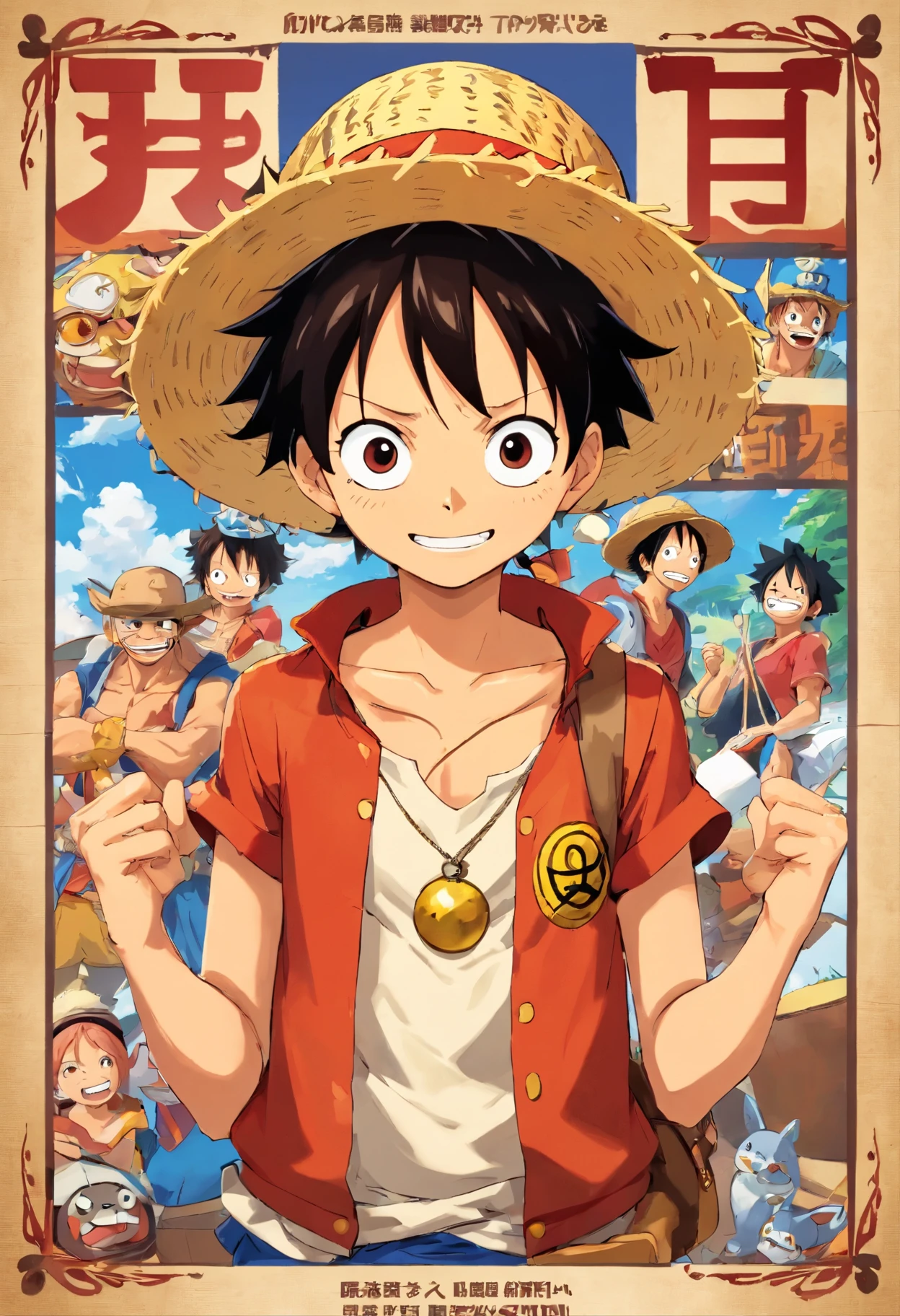 Straw Hat Luffy Wanted Poster, como o gear 5, imponente, com seu sorriso, encima do thousand sunny junto com seus tripulantes pois time skipe ,Sanji, zorro, Nami, Brook, Robin, Chopper, usopp
