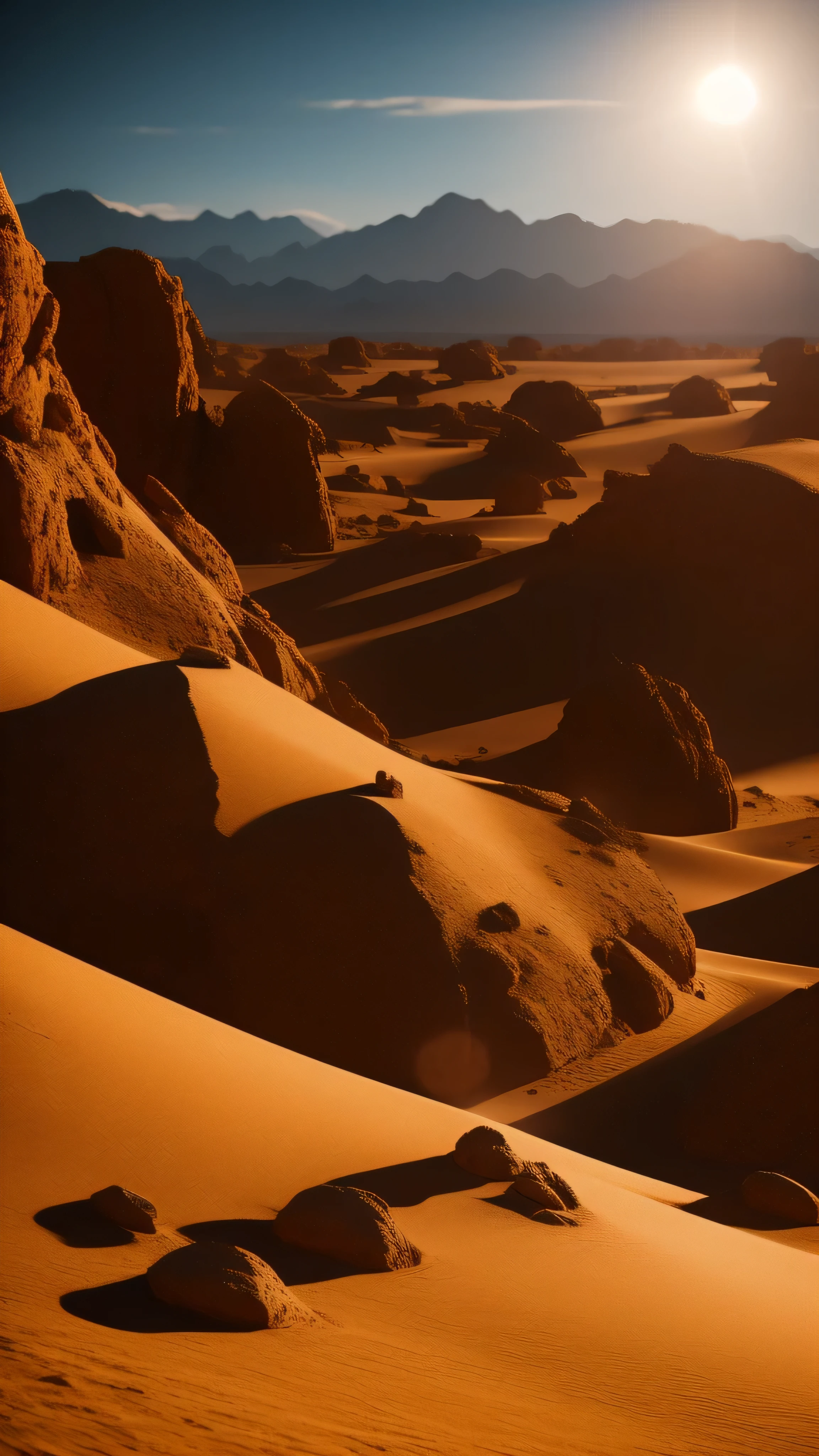 On a vast desert planet, the Tusken Raiders, known for their menacing presence and sand robes, crouch behind a boulder. This scene is captured in ultra-high definition 8K resolution, with photorealistic images of unparalleled realism: pores, wrinkles, and textures of their leathery skin are all intricately detailed. With professional lighting, the desert heat intensifies, reflecting off their weapons as they prepare for an attack. The intensity of their gaze is palpable, with guns flashing in the harsh sunlight. The shallow depth of field creates a cinematic effect, leaving the raiders in focus while the background blurrs into