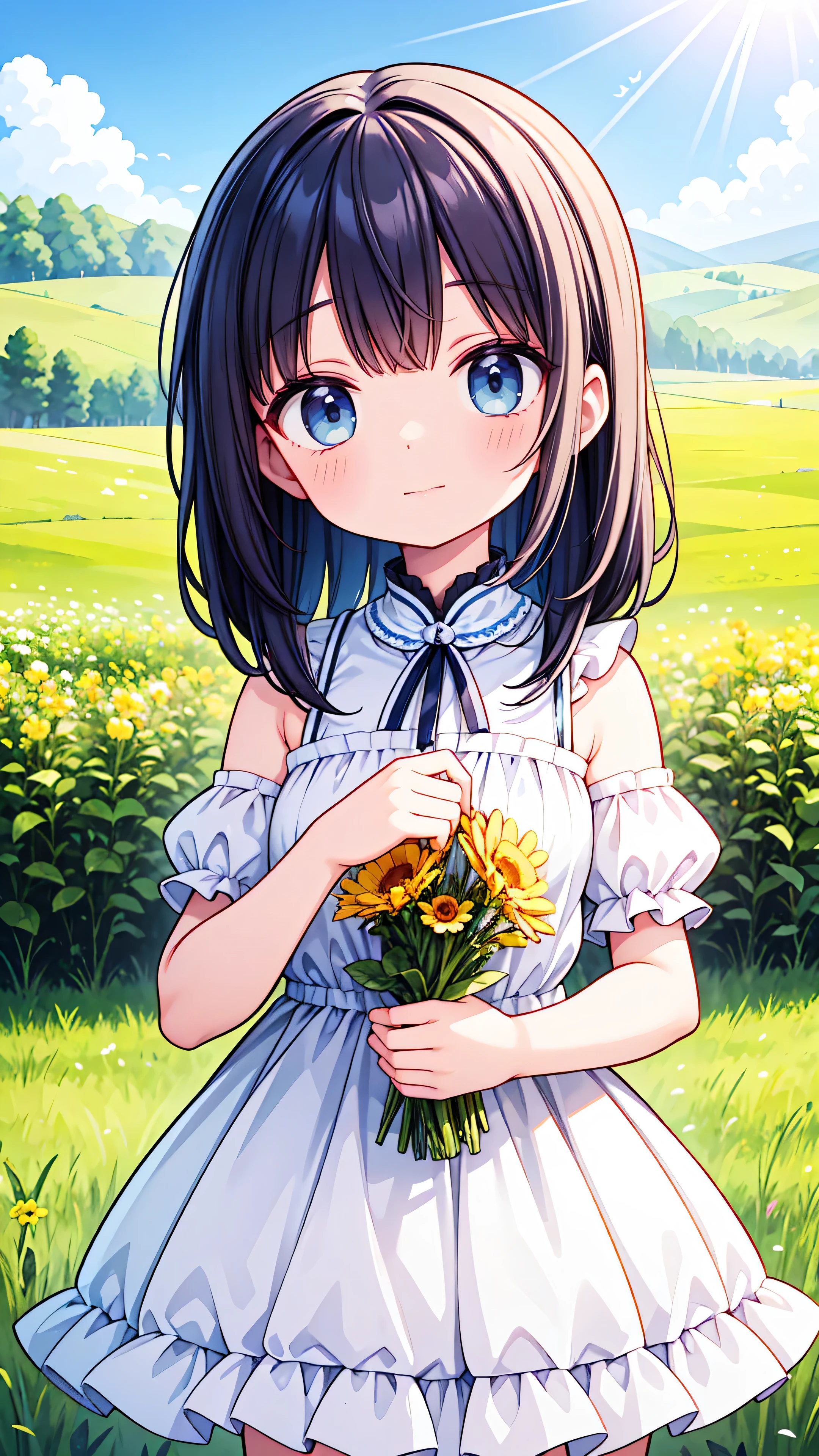 Two pure and innocent girls,12 years old、(2 people)、Cute face、smile、Beautiful Eyes、White skin、Natural Beauty、Warm sunshine、Wildflowers swaying in the wind々Surrounded by、Enjoying time in the fields。Butterflies and birds flutter around her、Creates a playful atmosphere。