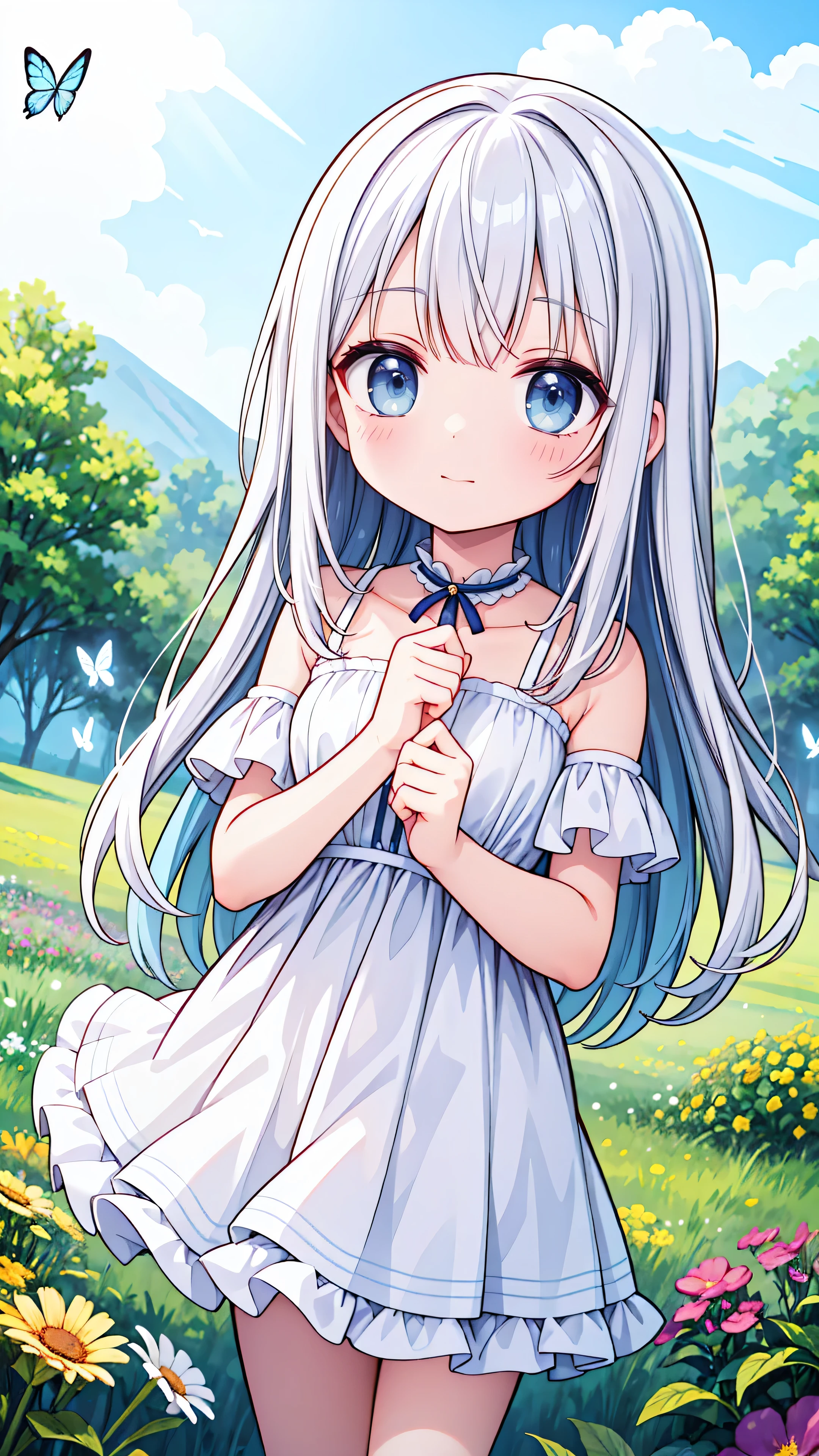 Two pure and innocent girls,12 years old、(2 people)、Cute face、smile、Beautiful Eyes、White skin、Natural Beauty、Warm sunshine、Wildflowers swaying in the wind々Surrounded by、Enjoying time in the fields。Butterflies and birds flutter around her、Creates a playful atmosphere。