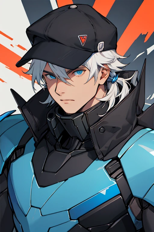 Hombre, robot, cabello blanco, gorra blanca, ojos azules