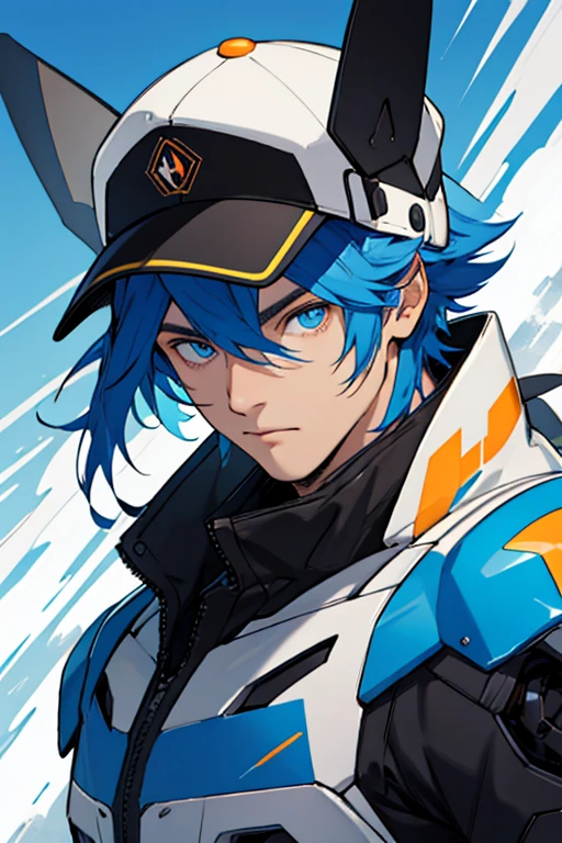 Hombre, robot, cabello blanco, gorra blanca, ojos azules