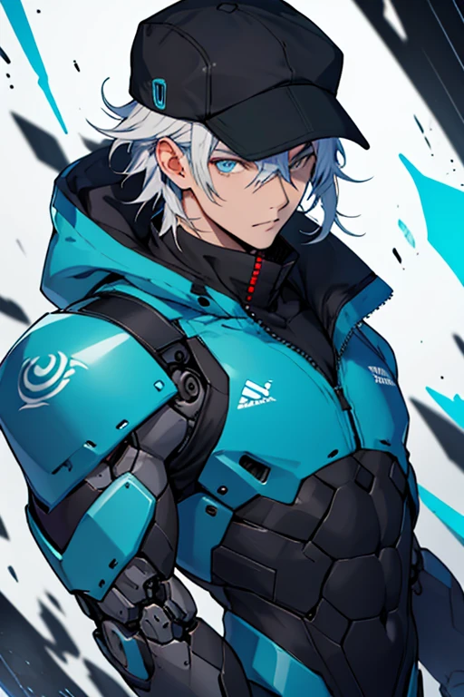 Hombre, robot, cabello blanco, gorra blanca, ojos azules