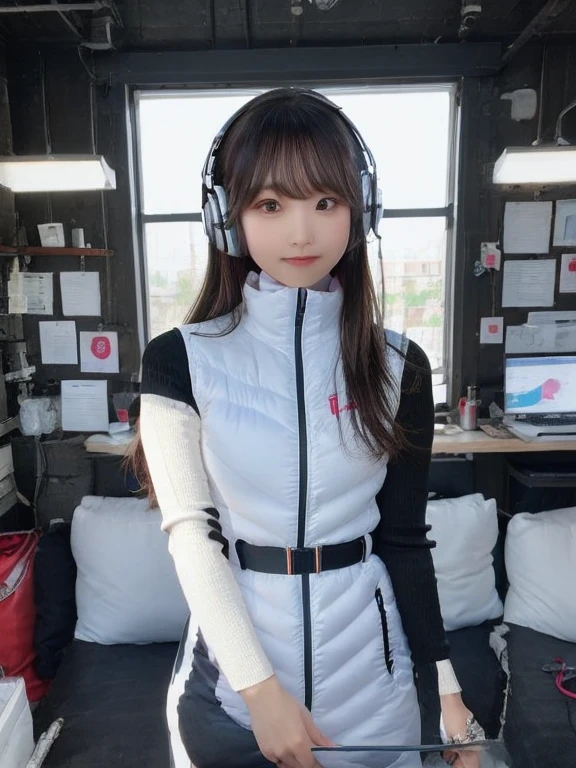 masterpiece, highest quality, Very detailed, 8K Portrait,japanese android girl,Plump , Control panel,Robotic arms and legs, Blunt bangs,,BREAK (metallic gray, metallic luster, mirror finish, astrovest):5,headphone:5,BREAK (black sleeves):100,smartwatch,futuristic space station,control room,BREAK headphone,blue eyes,(black hair):2,(long hair):1.3,look at viewer,(Respirator),BREAK blush:3,hidden hands,smile