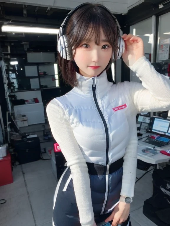 masterpiece, highest quality, Very detailed, 8K Portrait,japanese android girl,Plump , Control panel,Robotic arms and legs, Blunt bangs,,BREAK (metallic gray, metallic luster, mirror finish, astrovest):5,headphone:5,BREAK (black sleeves):100,smartwatch,futuristic space station,control room,BREAK headphone,blue eyes,(black hair):2,(long hair):1.3,look at viewer,(Respirator),BREAK blush:3,hidden hands,smile