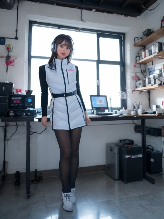 masterpiece, highest quality, Very detailed, 8K Portrait,japanese android girl,Plump , Control panel,Robotic arms and legs, Blunt bangs,,BREAK (metallic gray, metallic luster, mirror finish, astrovest):5,headphone:5,BREAK (black sleeves):100,smartwatch,futuristic space station,control room,BREAK headphone,blue eyes,(black hair):2,(long hair):1.3,look at viewer,(Respirator),BREAK blush:3,hidden hands,smile