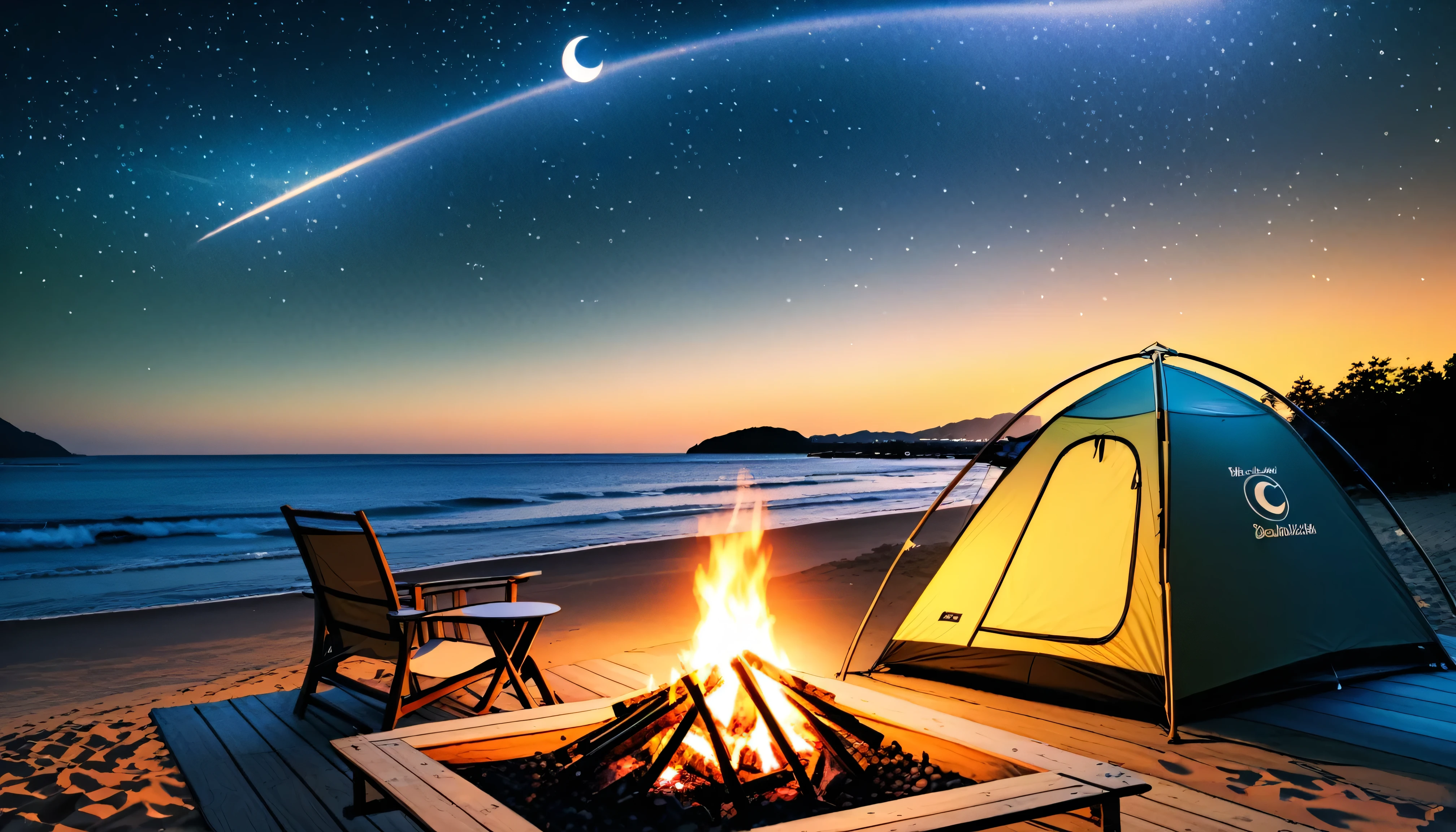 High fidelity Photograph、beach campsite、bonfire、beautiful sandy beach、The crescent moon is beautiful、tent、unburned bonfire、Grill、deck chair、starry、Quiet place、beautful view、lamplight、there was no one。