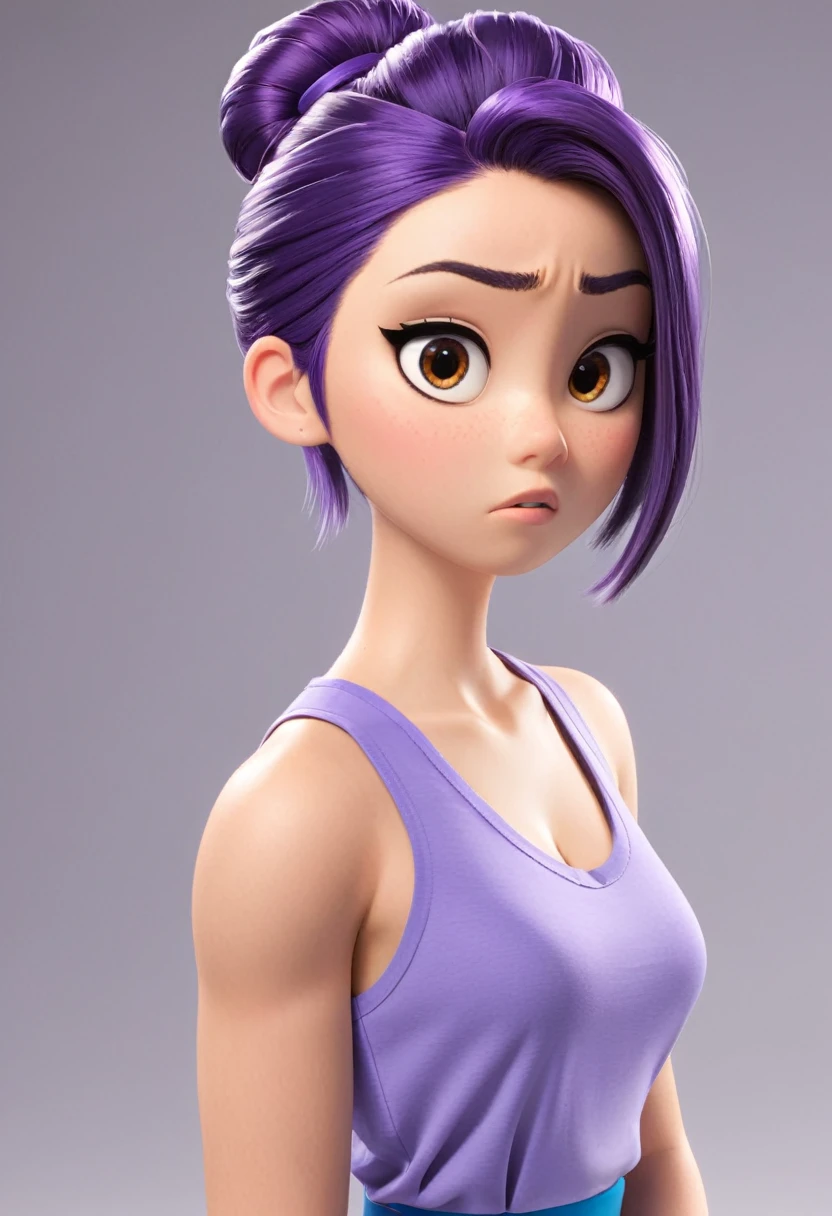 Une Japonaise de 14 ans, cheveux bleu en chignon, collier violet, Grey tank top, terrified, killed by agent 47 hitman Pixar, (best quality, 4k, 8k, High resolution, chef-d&#39;artwork:1.2), Ultra-detailed, (Realistic, photoRealistic, photo-Realistic:1.37), portraits, Des couleurs vives, studio lighting