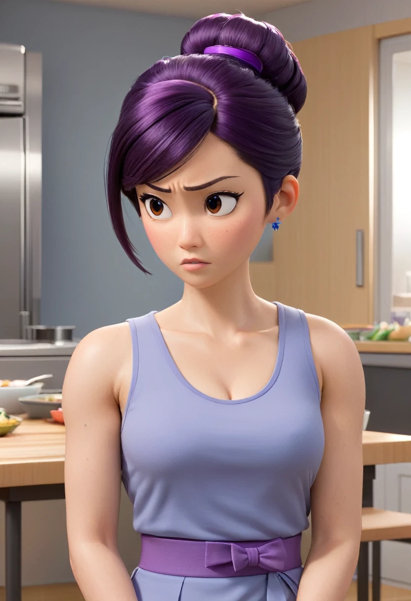 Une Japonaise de 14 ans, cheveux bleu en chignon, collier violet, Grey tank top, terrified, killed by agent 47 hitman Pixar, (best quality, 4k, 8k, High resolution, chef-d&#39;artwork:1.2), Ultra-detailed, (Realistic, photoRealistic, photo-Realistic:1.37), portraits, Des couleurs vives, studio lighting