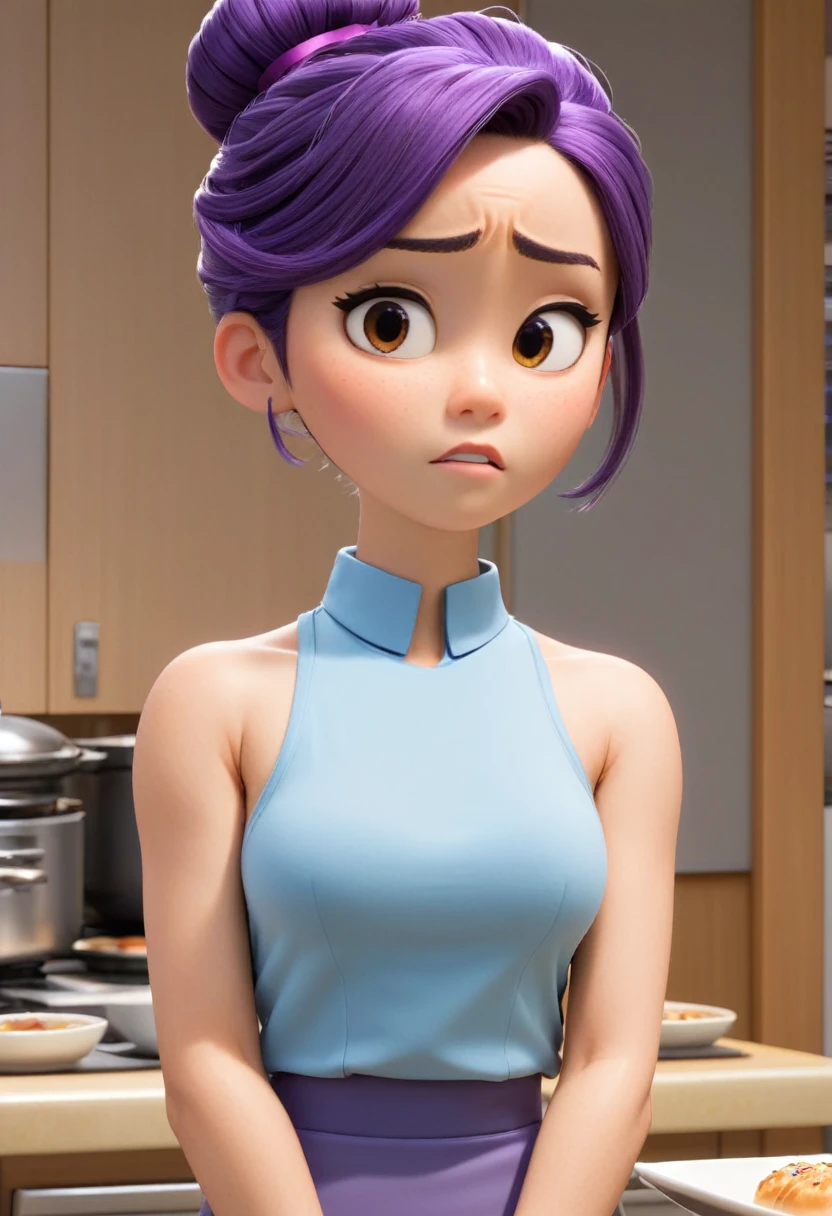 Une Japonaise de , cheveux bleu en chignon, collier violet, Grey tank top, terrified, killed by agent 47 hitman Pixar, (best quality, 4k, 8k, High resolution, chef-d'artwork:1.2), Ultra-detailed, (Realistic, photoRealistic, photo-Realistic:1.37), portraits, Des couleurs vives, studio lighting