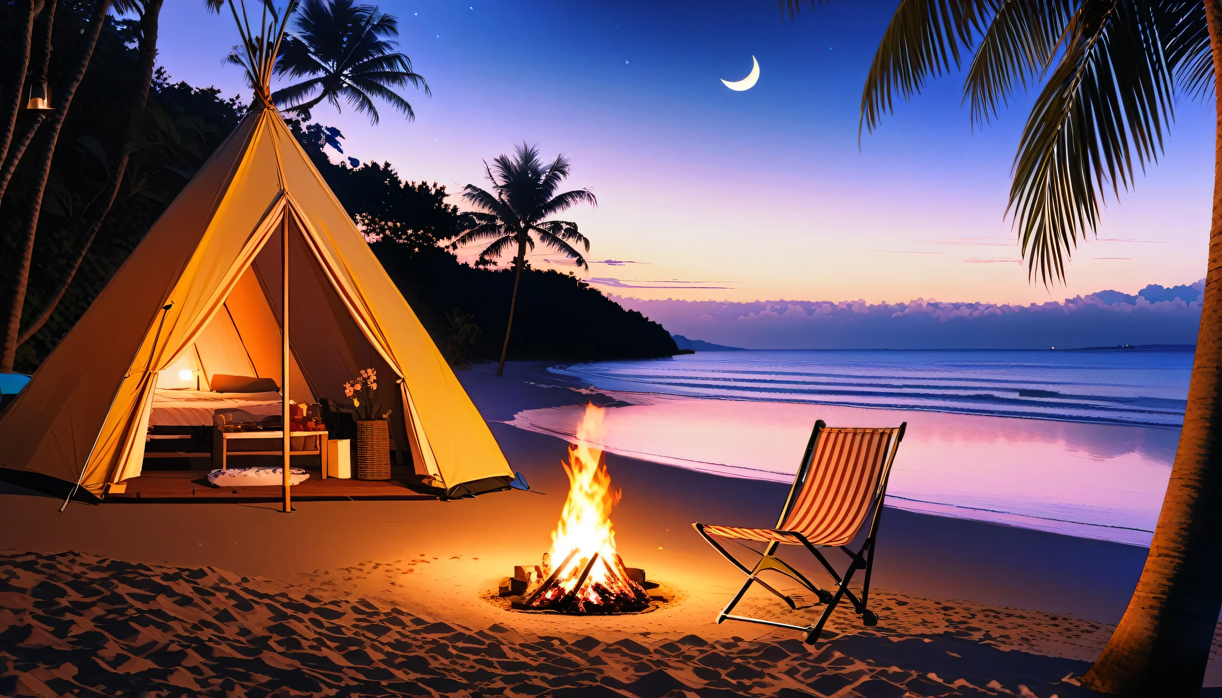 High fidelity Photograph、beach campsite、bonfire、beautiful sandy beach、The crescent moon is beautiful、tent、unburned bonfire、Grill、deck chair、starry、Quiet place、beautful view、lamplight、there was no one。