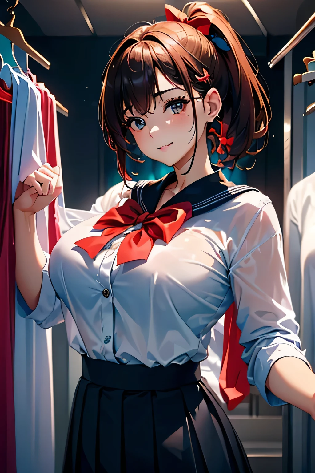 (((Adult female:1.3))),(((Change clothes in the changing room:1.3))),(((clothes on hangers:1.3))),(((Sailor suit))),(((Pleated skirt revealing skin))),(Dark red bow tie:1.3),Cute face,Extreme close up of face,Shiny light brown and orange striped short hair,Messy ponytail,Cute Smile,Perfect round face,iris,(hairpin、ponytail、Floating Hair、),Large Breasts.Professional Lighting,Cinematic Light,(Tabletop,highest quality,Ultra-high resolution output images,) ,(8K quality,),(Ocean Art 2.0 Mode:1.3),(Picture Mode Ultra HD,)