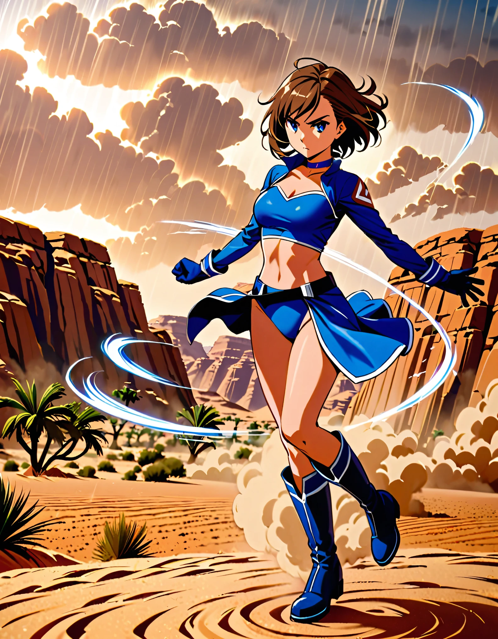 1girl, superhero, blue choker, blue eyes, blue footwear, blue gloves, boots, leotard, midriff, long sleeves, medium breasts, brown hair, knee boots, short hair, bob hair, solo, determined, full body, desert backdrop, sandstorm, college-age female. raised arms. She spins at an incredible speed, creating a whirlwind of air around her. She rotates her body in place at super speed. She spins fast in place like a tornado. Cyclone spinning. Rapid gyration. Tornado winds around her. She super-spins. Spiral lines around her body.