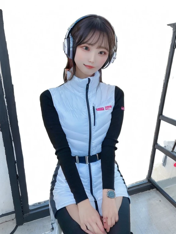 masterpiece, highest quality, Very detailed, 8K Portrait,japanese android girl,Plump , Control panel,Robotic arms and legs, Blunt bangs,,BREAK (metallic gray, metallic luster, mirror finish, astrovest):5,headphone:5,BREAK (black sleeves):100,smartwatch,futuristic space station,control room,BREAK headphone,blue eyes,(black hair):2,(long hair):1.3,look at viewer,(Respirator),BREAK blush:3,hidden hands,smile
