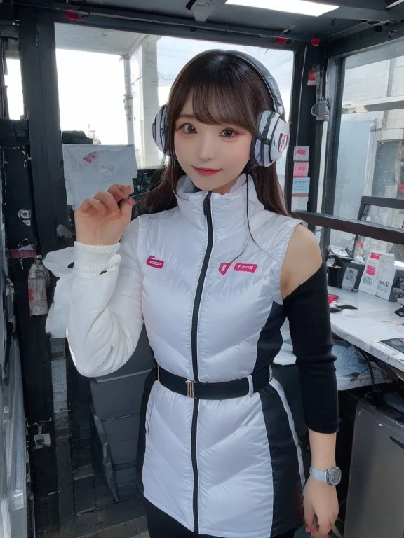 masterpiece, highest quality, Very detailed, 8K Portrait,japanese android girl,Plump , Control panel,Robotic arms and legs, Blunt bangs,,BREAK (metallic gray, metallic luster, mirror finish, astrovest):5,headphone:5,BREAK (black sleeves):100,smartwatch,futuristic space station,control room,BREAK headphone,blue eyes,(black hair):2,(long hair):1.3,look at viewer,(Respirator),BREAK blush:3,hidden hands,smile
