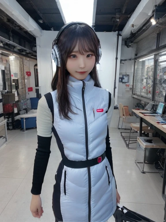 masterpiece, highest quality, Very detailed, 8K Portrait,japanese android girl,Plump , Control panel,Robotic arms and legs, Blunt bangs,,BREAK (metallic gray, metallic luster, mirror finish, astrovest):5,headphone:5,BREAK (black sleeves):100,smartwatch,futuristic space station,control room,BREAK headphone,blue eyes,(black hair):2,(long hair):1.3,look at viewer,(Respirator),BREAK blush:3,hidden hands,smile