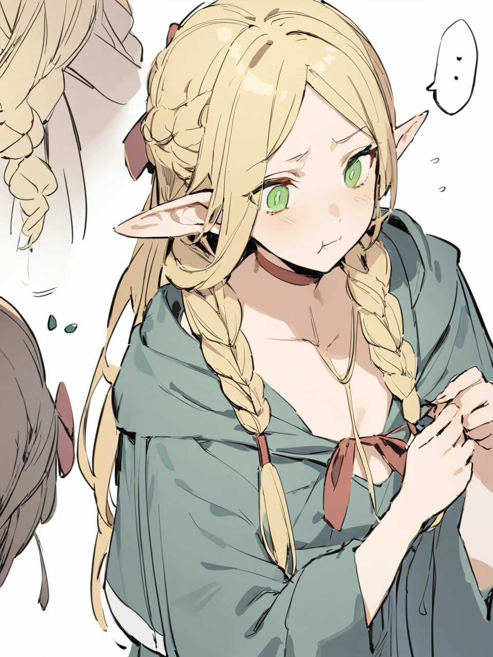 masterpiece, highest quality, Pointed Ears, Braiding, alone, Green Eyes, ..., Fairy, Blonde, White Background, choker, One girl, Long Hair, Hair that falls over the shoulders, Simple Background, single Braiding, ellipsis, :t, Upper Body, Robe, Pouting