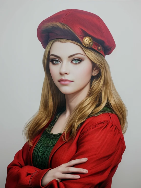 (masterpiece, top quality, best quality, official art, detailed:1.2), priscillaW3, 1girl, solo, long hair, looking at viewer, blonde hair, blue shirt, long sleeves, green eyes, upper body, red hat, crossed arms, realistic