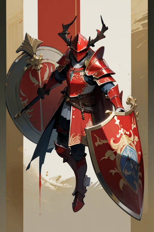 ((highest quality)), ((masterpiece)), (Familiar), One man,Fantasy,Red Knight,Full Body Armor,Full-face helmet,Two-horned helmet,Red Armor,大sword,Red Armor,Golden decoration,White pattern,sword,Cape,shield