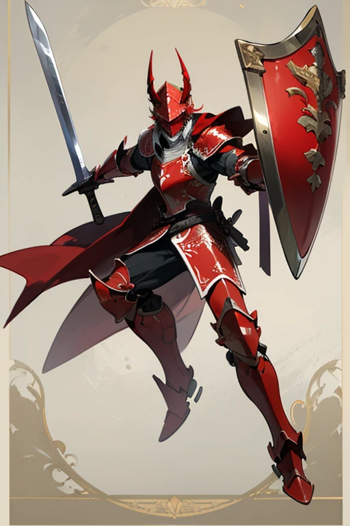 ((highest quality)), ((masterpiece)), (Familiar), One man,Fantasy,Red Knight,Full Body Armor,Full-face helmet,Two-horned helmet,Red Armor,大sword,Red Armor,Golden decoration,White pattern,sword,Cape,shield