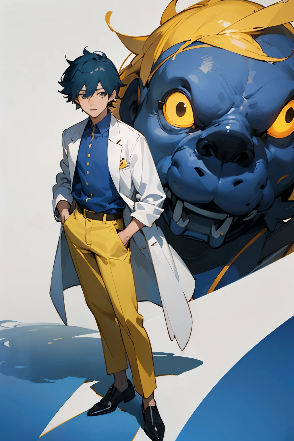 ANIME VERSION, RPG Maker Anime Style , visual novel bust style, front facing old man character, semi realistic, clad in a dark blue Barong Tagalog. The teacher, resembling a scientist, wears a long white lab coat over a casual blue shirt, untucked. His light, dark yellow pants match the hue of aged cheese, complemented by black shoes for a polished look.ryuta ueda artwork, hayao miyazaki style, professor clothes, full body character