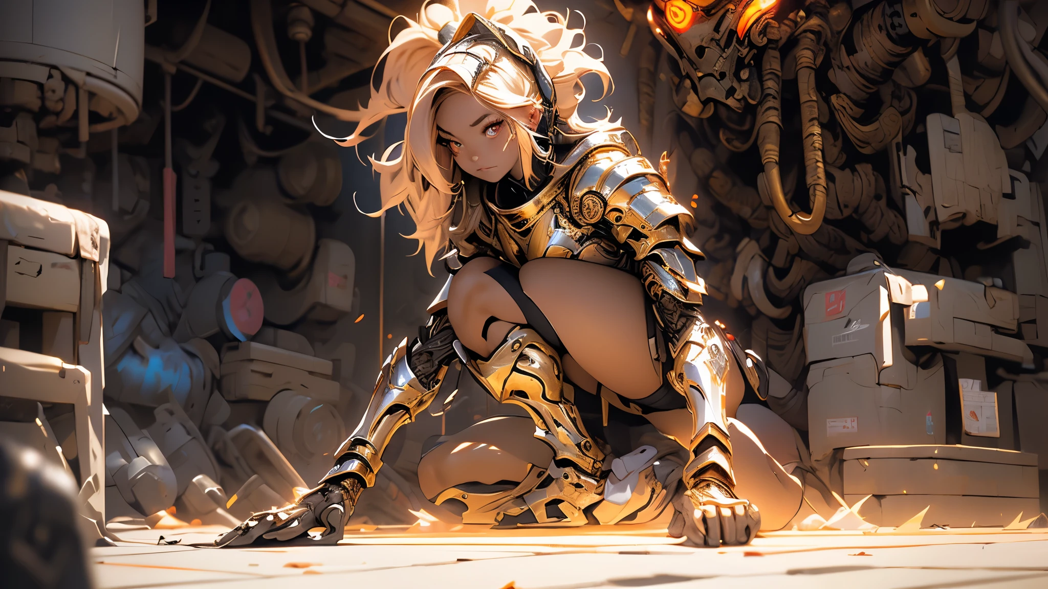 1 girl, detailed hair, cyborg girl with fox ears, female warrior battlefield, stand, red glowing eyes, cyborg armor, golden armor, black and golden, cinematic light