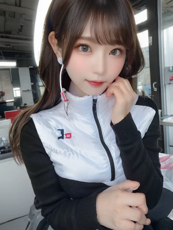 masterpiece, highest quality, Very detailed, 8K Portrait,japanese android girl,Plump , Control panel,Robotic arms and legs, Blunt bangs,,BREAK (metallic gray, metallic luster, mirror finish, astrovest):5,headphone:5,BREAK (black sleeves):100,smartwatch,futuristic space station,control room,BREAK headphone,blue eyes,(black hair):2,(long hair):1.3,look at viewer,(Respirator),BREAK blush:3,hidden hands,smile