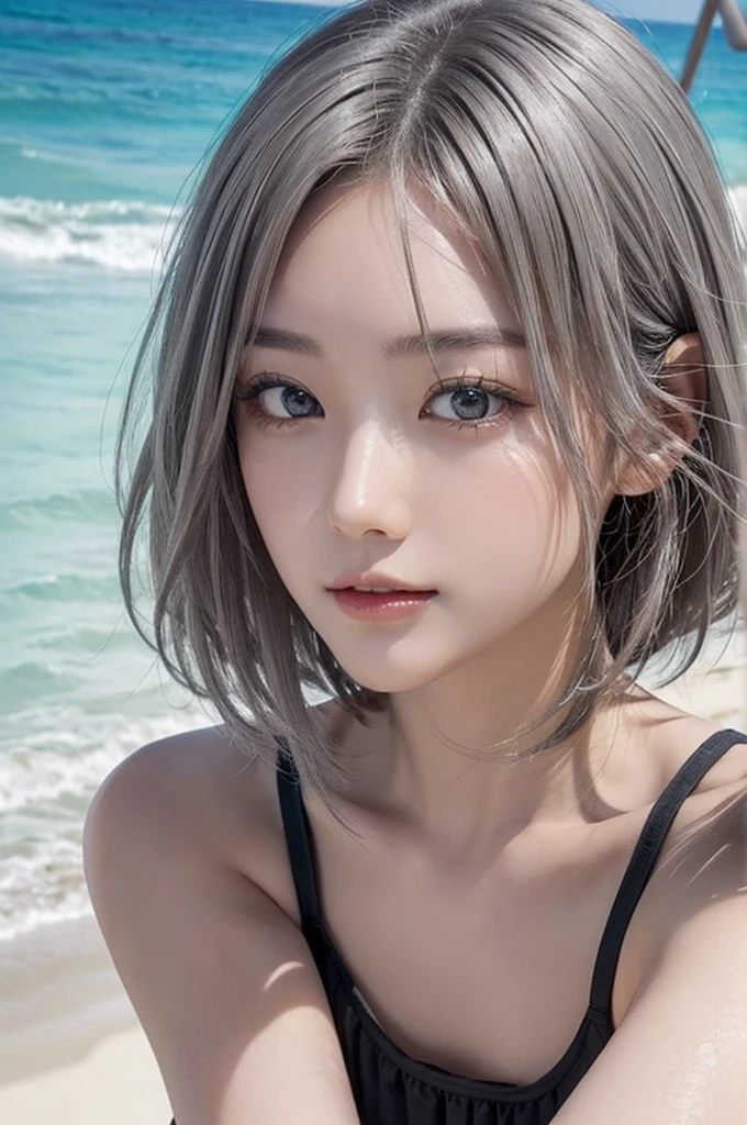 (Surreal) , (Like the picture:1.4),(Increase the resolution), (8k), (Very detailed), (Beautiful and fine details), (highest quality), (Ultra-detailed), (masterpiece), (wallpaper), (Detailed face), solo,1 girl, perfect beautiful japanese woman:1.4、19 years old、Looking at the audience, Subtle details, Detailed face, Cloudy, Deep Shadow, Close one eye,Free expression,Short hair silver color,The beach is blurred
