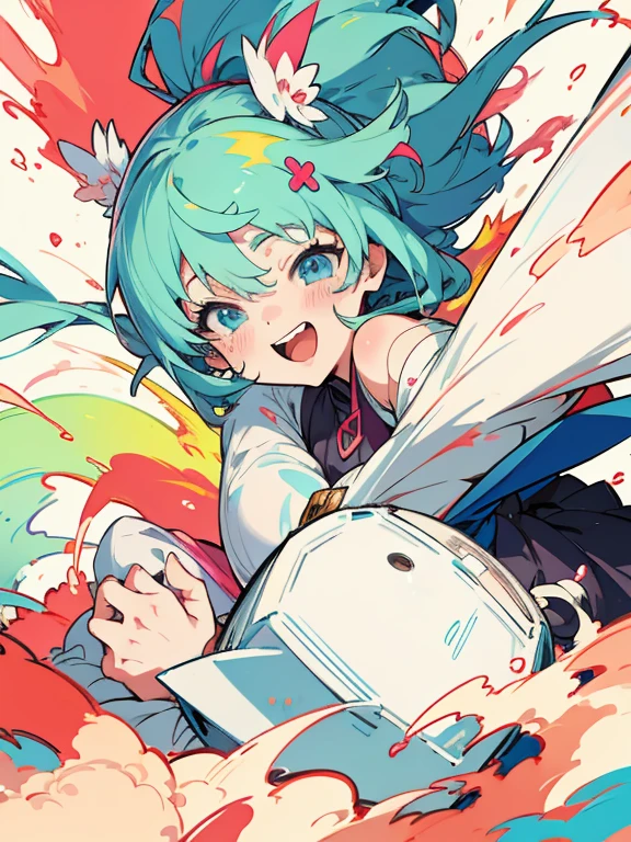 Anime girl is severely hurt and with open wounds but is extremely happy, the colors are bright and the atmosphere is happy and mischievous