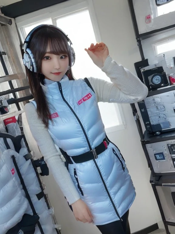 masterpiece, highest quality, Very detailed, 8K Portrait,japanese android girl,Plump , Control panel,Robotic arms and legs, Blunt bangs,,BREAK (metallic gray, metallic luster, mirror finish, astrovest):5,headphone:5,BREAK (black sleeves):100,smartwatch,futuristic space station,control room,BREAK headphone,blue eyes,(black hair):2,(long hair):1.3,look at viewer,(Respirator),BREAK blush:3,hidden hands,smile