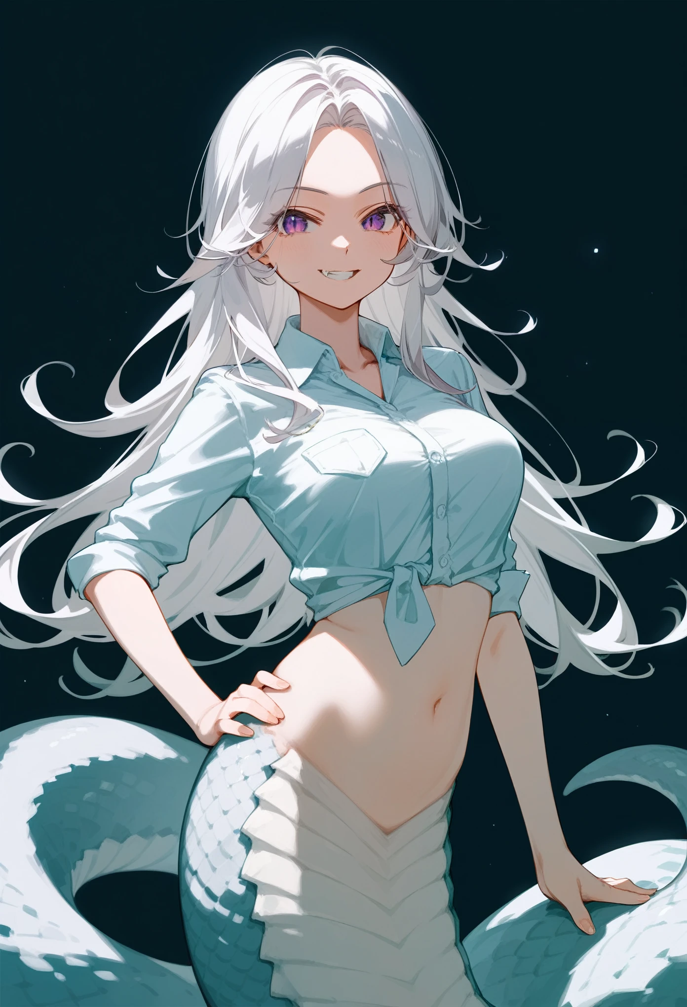 (score_9, score_8_up, score_7_up), 1girl, lamia monstergirl, snake body, tip of the tail down, white scales, white belly, medium breasts, purple eyes, white hair, long hair, sidelocks, parted bangs, hand on hip, wearing only a shirt, collared shirt, navel, grin, fang closed mouth, looking at viewer, black background, simple background, masterpiece, best quality