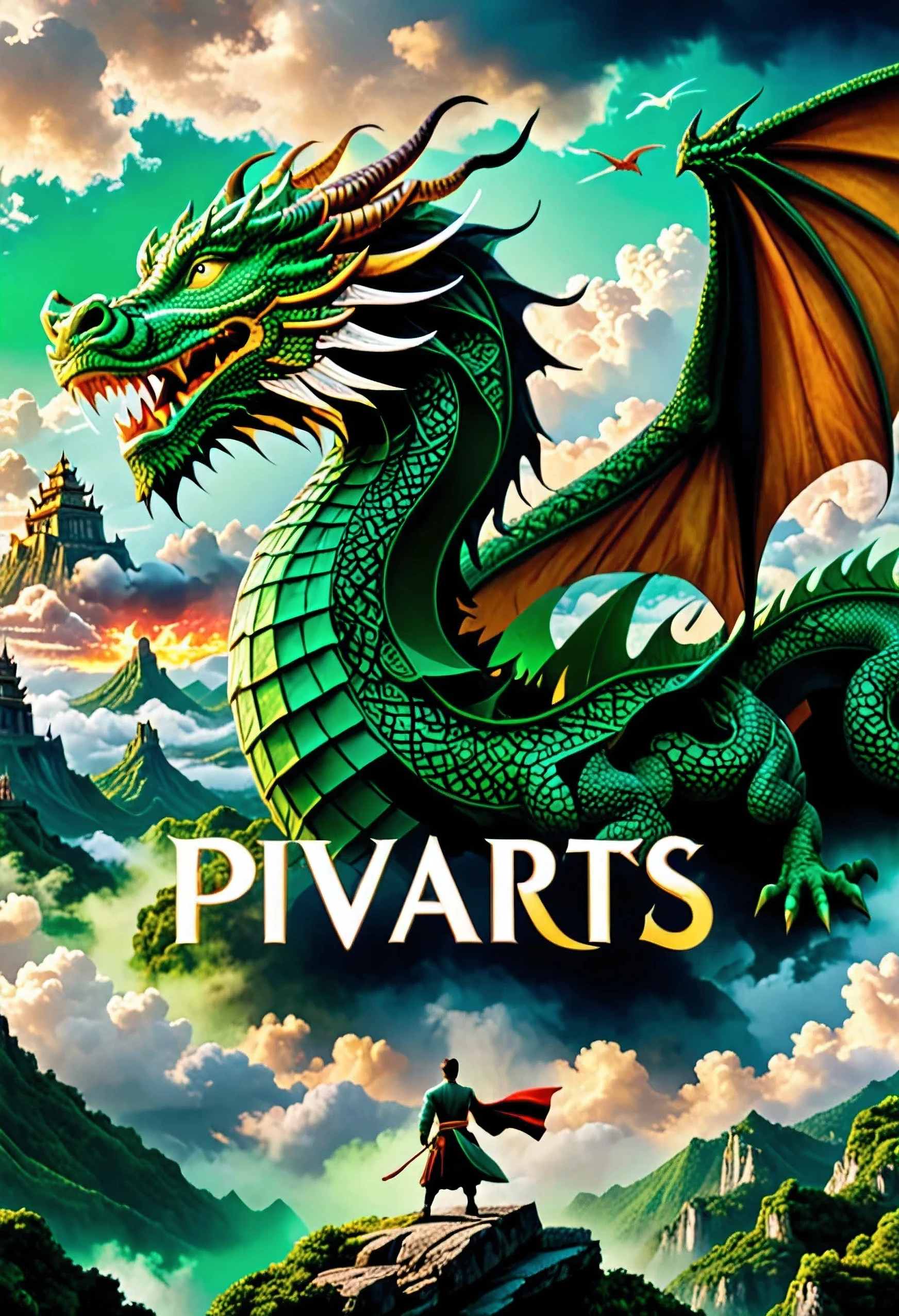 In the mesmerizing movie poster for "Pivarts," symmetry reigns supreme with the title taking center stage, balanced by a captivating scene that unfolds with intricate detail. Title: Pivarts Foreground: A majestic Chinese Dragon dominates the foreground, its emerald-green scales shimmering in the ethereal moonlight. The dragon's presence exudes power and mystique, hinting at the fantastical elements within the story. Background: Stretching behind the dragon, a vast landscape unfolds, depicting various historical eras and mystical settings. From ancient civilizations to futuristic landscapes, the backdrop captures the essence of time-traveling adventures that await within the movie. Sky: Above, swirling clouds fill the sky, adding an air of mystery and magic. The dynamic clouds hint at the time-traveling nature of the story, suggesting the ever-shifting journey that the characters embark upon. Typography: The title "Pivarts" is displayed in bold, elegant typography, adding a touch of sophistication and authenticity to the poster. The font choice reflects the rich tapestry of the film's narrative, inviting viewers to delve into its immersive world. Overall, the poster captures the essence of "Pivarts," blending elements of fantasy, history, and adventure into a visually stunning composition that promises an unforgettable cinematic experience.