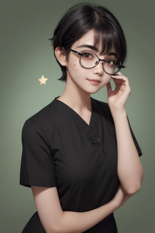 simple background, upper body, portrait, ((flat chest)), (((medical staff))), moss green colored medical uniform, (( solo)), thick black rimmed glasses, wear thick flame glasses, (((black middle short messy hair))), messy bangs, teaching for viewer with friendly smile, mole, ((star-shaped mole)), ((star-shaped beauty spot on her right cheek))