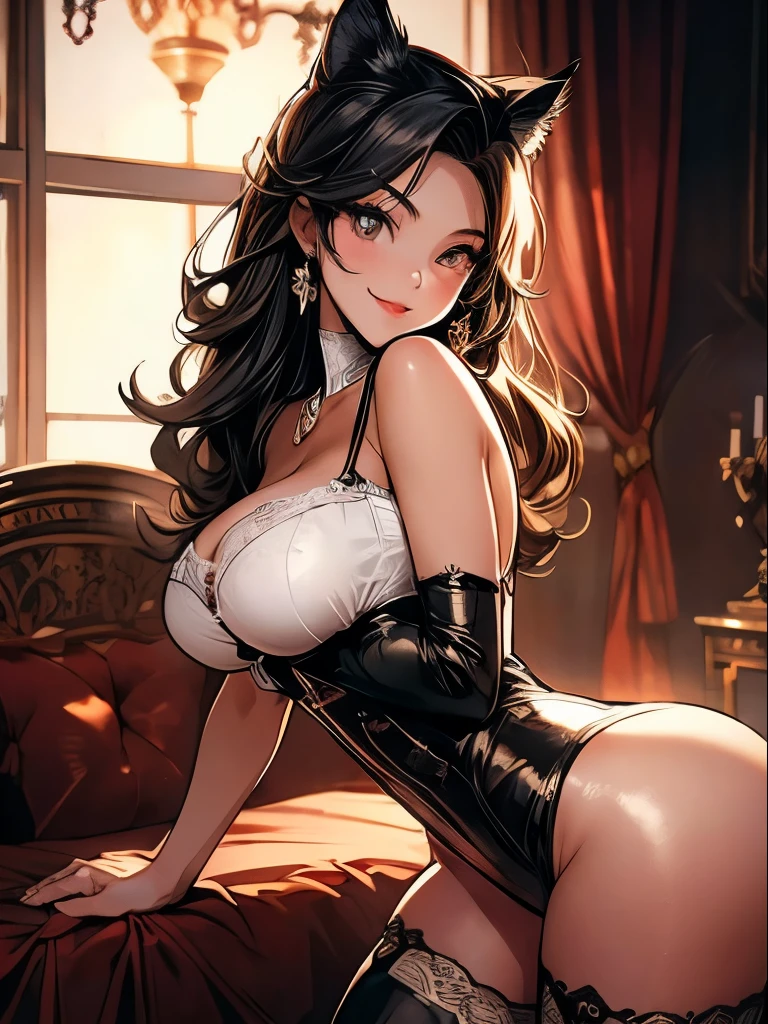 Anime, a glamour shot of a smiling MILF, busty, big ass, Standing demurely with her legs crossed in a bedroom, long sexy legs, leaning toward the viewer, with Smokey eyes and knowing smile wearing a white corset, white lace stockings, insanely detailed face and eyes, intricate, hyper-detailed bedroom, digital illustration, masterpiece, beautiful eyes, atmospheric lighting, centered, perfect anatomy, glowing eyes, candid portrait, clear, very detailed, smooth, sharp focus, focused on the viewer, a view from the side