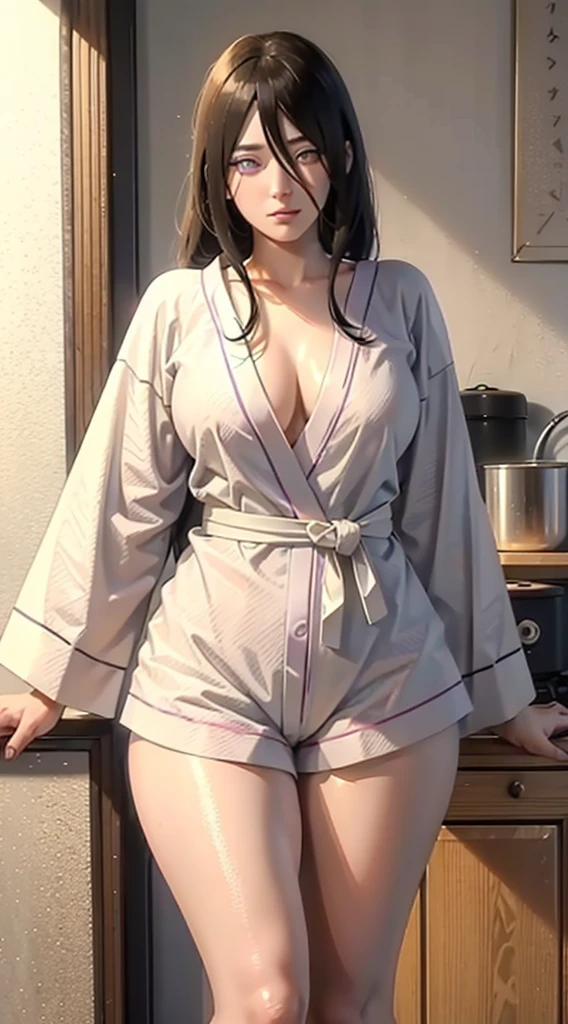 hyuuga hanabi, long hair tied low, hair band, hana purple eyes, beautiful, beautiful woman, perfect body, (((thick thighs))), perfect breasts, wearing white pajamas, pajamas, sleepwear, in the kitchen, clear kitchen, looking at the audience, a slight smile, realism, masterpiece , textured leather, super detail, high detail, high quality, best quality, 1080p, 16k