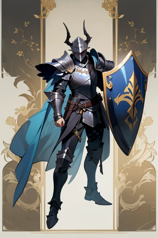 ((highest quality)), ((masterpiece)), (Familiar), One man,Fantasy,Black Knight,Full Body Armor,Full-face helmet,Two-horned helmet,Black armor,大sword,Black Armor,Golden decoration,White pattern,sword,Cape,shield