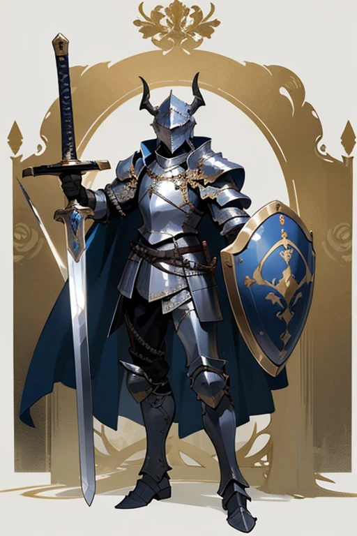 ((highest quality)), ((masterpiece)), (Familiar), One man,Fantasy,Black Knight,Full Body Armor,Full-face helmet,Two-horned helmet,Black armor,大sword,Black Armor,Golden decoration,White pattern,sword,Cape,shield
