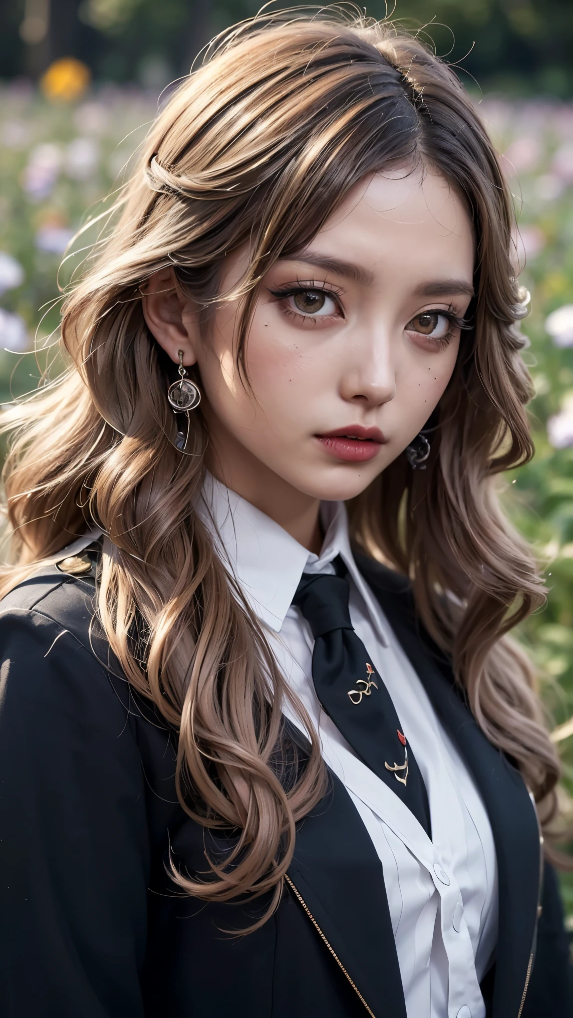 Realistic, masterpiece, highest quality, Highest Resolution, Japanese , , Upper body photo, Looks sleepy, Spaced out, Open your mouth, Beautiful and detailed eye drawing, (Droopy eyes:1.3), Dark Eyes, Thin eyebrows, Draw eyelashes carefully, Eyelash extensions, Gal Makeup, Orange Cheek, (White brown wavy hair, Long Hair, middle part:1.3), (Hidden eyelid wrinkles:1.3), (Gothic uniform, blazer, Add a little armor feel:1.2),(Like a magic swordsman:1.2), (The subject was photographed from above at an angle:1.3), (Flower Field:1.3), (Face close-up, Stand up and try to impress the audience:1.5)