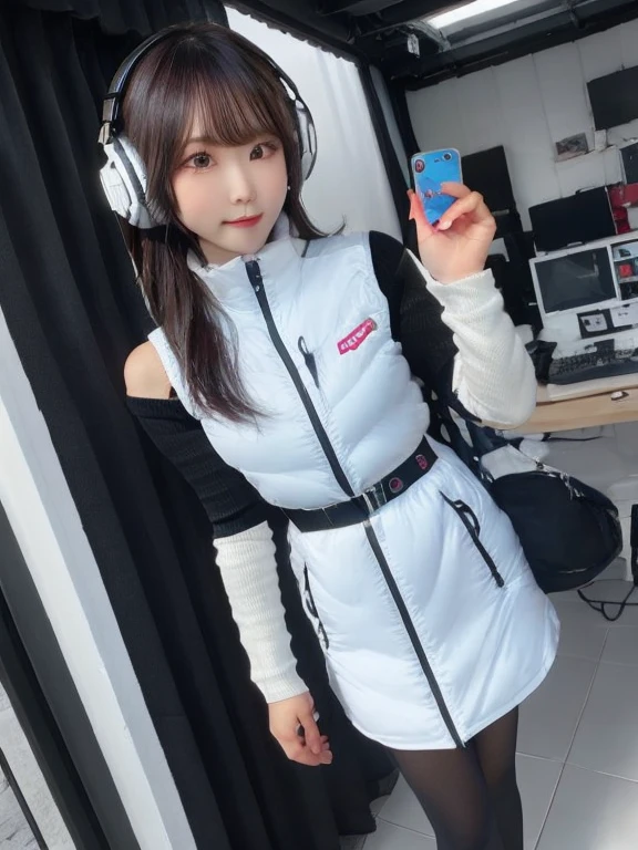 masterpiece, highest quality, Very detailed, 8K Portrait,japanese android girl,Plump , Control panel,Robotic arms and legs, Blunt bangs,,BREAK (metallic gray, metallic luster, mirror finish, astrovest):5,headphone:5,BREAK (black sleeves):100,smartwatch,futuristic space station,control room,BREAK headphone,blue eyes,(black hair):2,(long hair):1.3,look at viewer,(Respirator),BREAK blush:3,hidden hands,smile