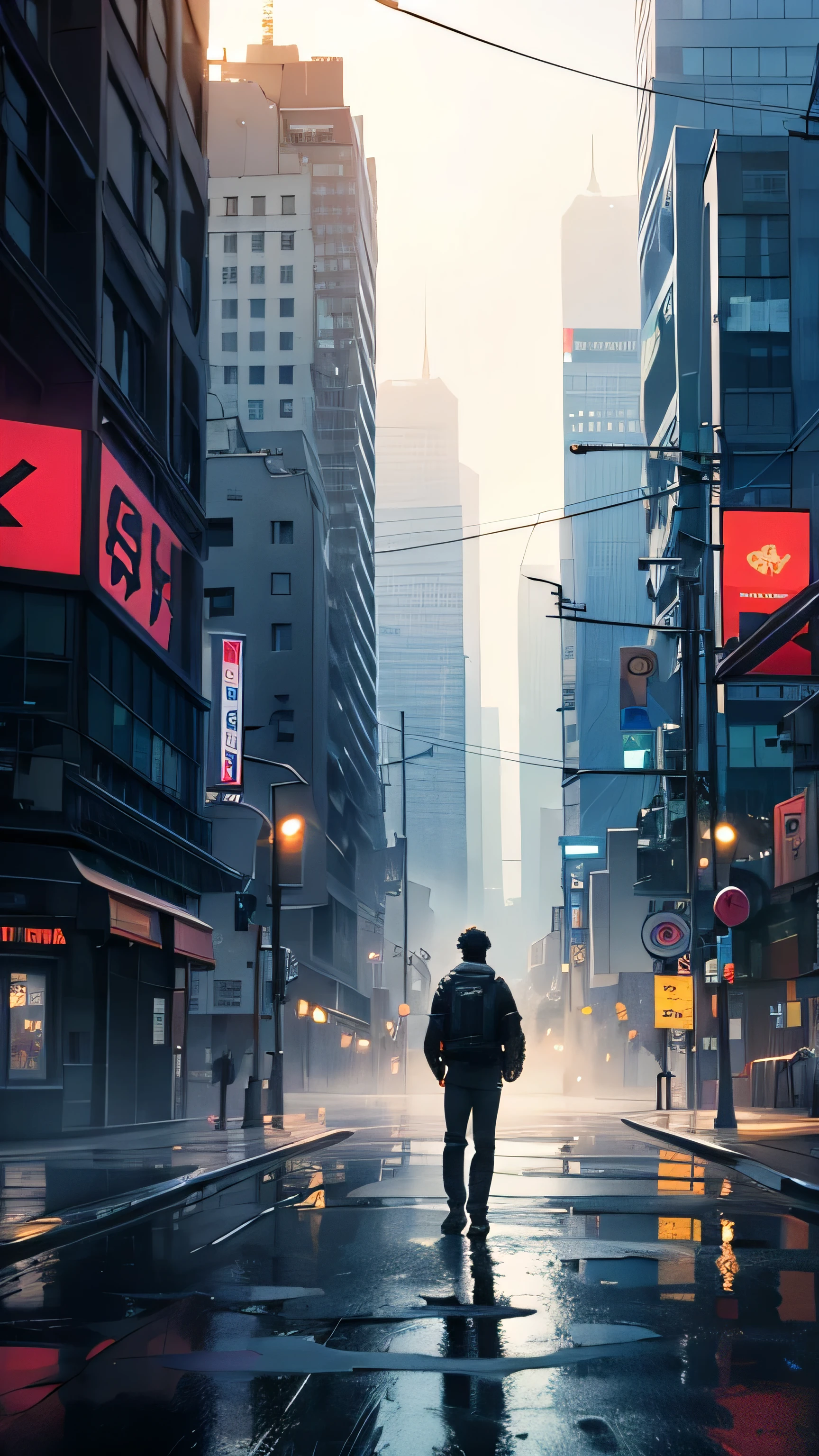 1boy,a 13 yo boy、Cyberpunk Boy、katanas,Spiky hairstyle、Tank Tops、Whole body bloody、Overhead view of the composition、Back lighting,The beginning of the adventure、Lots of clouds,heavy fog、Midnight,darkness,Chaotic city of the future、ruined and devastated city、dystopian、A group of very complex skyscrapers stands in the center、Very complex dilapidated cityscape,Ruined Chinese skyscrapers、a bird、Pretty dim lighting、Dark road、puddles、Chaotic landscape、Beautiful and fantastic scenery、Cinematic scenery、hightquality、masutepiece,8k、hight resolution、ultra-detailliert,