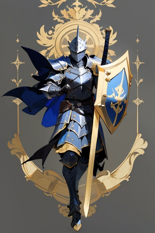 ((highest quality)), ((masterpiece)), (Familiar), One man,Fantasy,Black Knight,Full Body Armor,Full-face helmet,Two-horned helmet,Black armor,大sword,Black Armor,Golden decoration,White pattern,sword,Cape,shield
