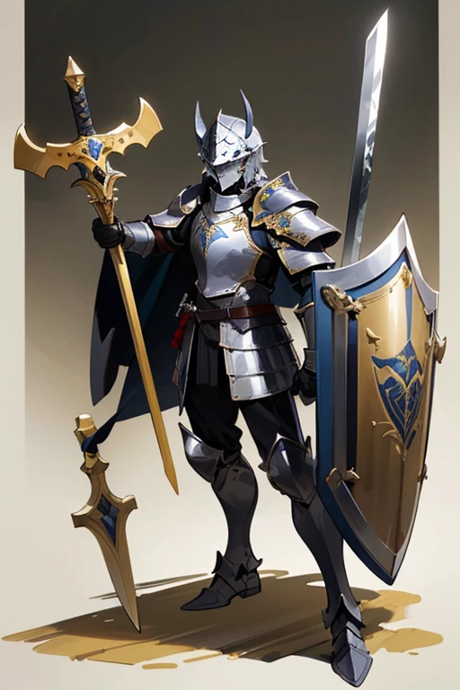 ((highest quality)), ((masterpiece)), (Familiar), One man,Fantasy,Black Knight,Full Body Armor,Full-face helmet,Two-horned helmet,Black armor,大sword,Black Armor,Golden decoration,White pattern,sword,Cape,shield