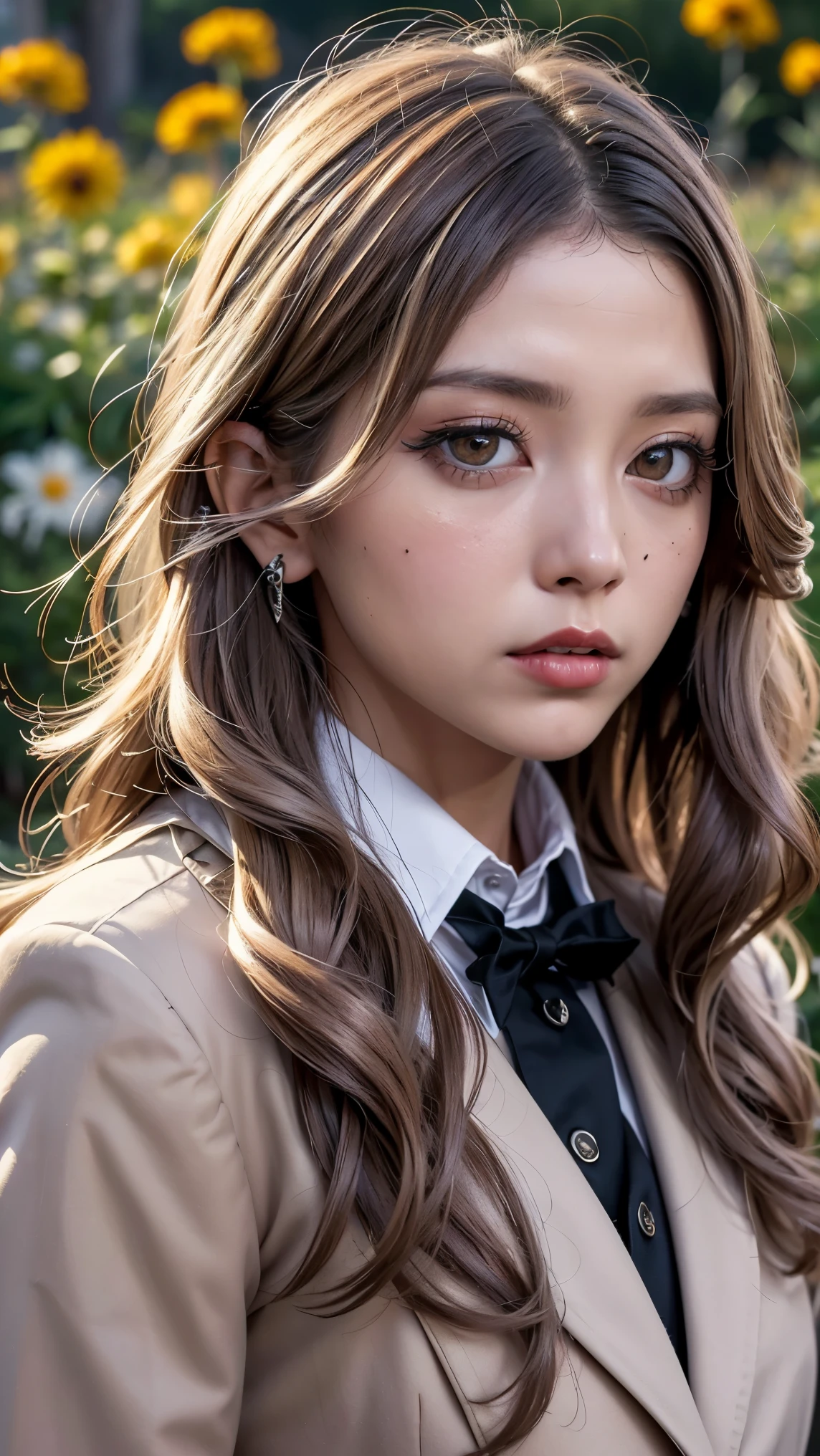 Realistic, masterpiece, highest quality, Highest Resolution, Japanese , 16 years old, Upper body photo, Looks sleepy, Spaced out, Open your mouth, Beautiful and detailed eye drawing, (Droopy eyes:1.3), Dark Eyes, Thin eyebrows, Draw eyelashes carefully, Eyelash extensions, Gal Makeup, Orange Cheek,  (White brown wavy hair, Long Hair, middle part:1.3), (Hidden eyelid wrinkles:1.3), (Gothic uniform, blazer, Add a little armor feel:1.2), (The subject was photographed from above at an angle:1.3), (Flower Field:1.3), (Face close-up, Stand up and try to impress the audience:1.5)
