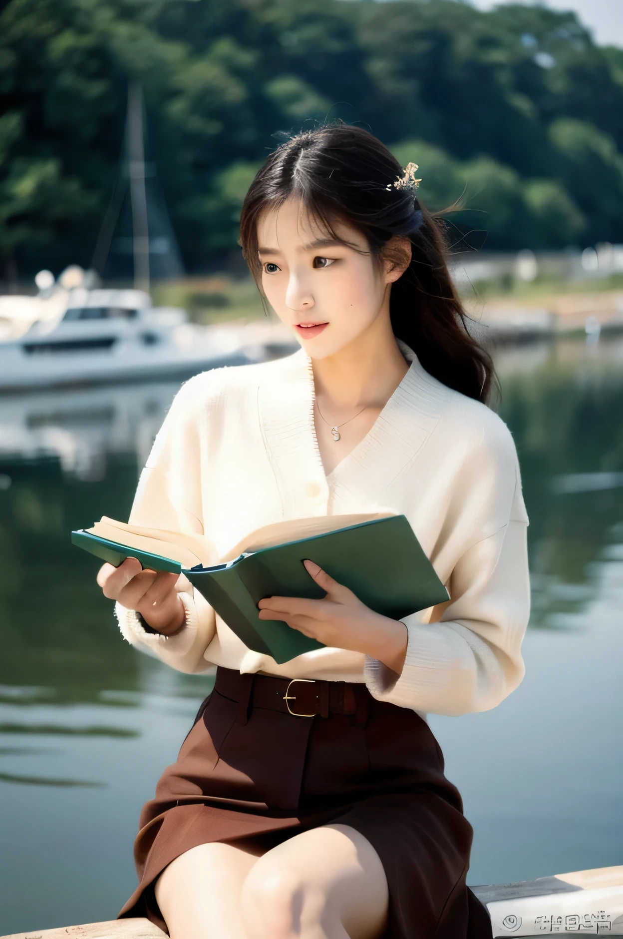 (Cinematic Aesthetic:1.4) Photo of a beautiful korean fashion model reading a book at boat in river