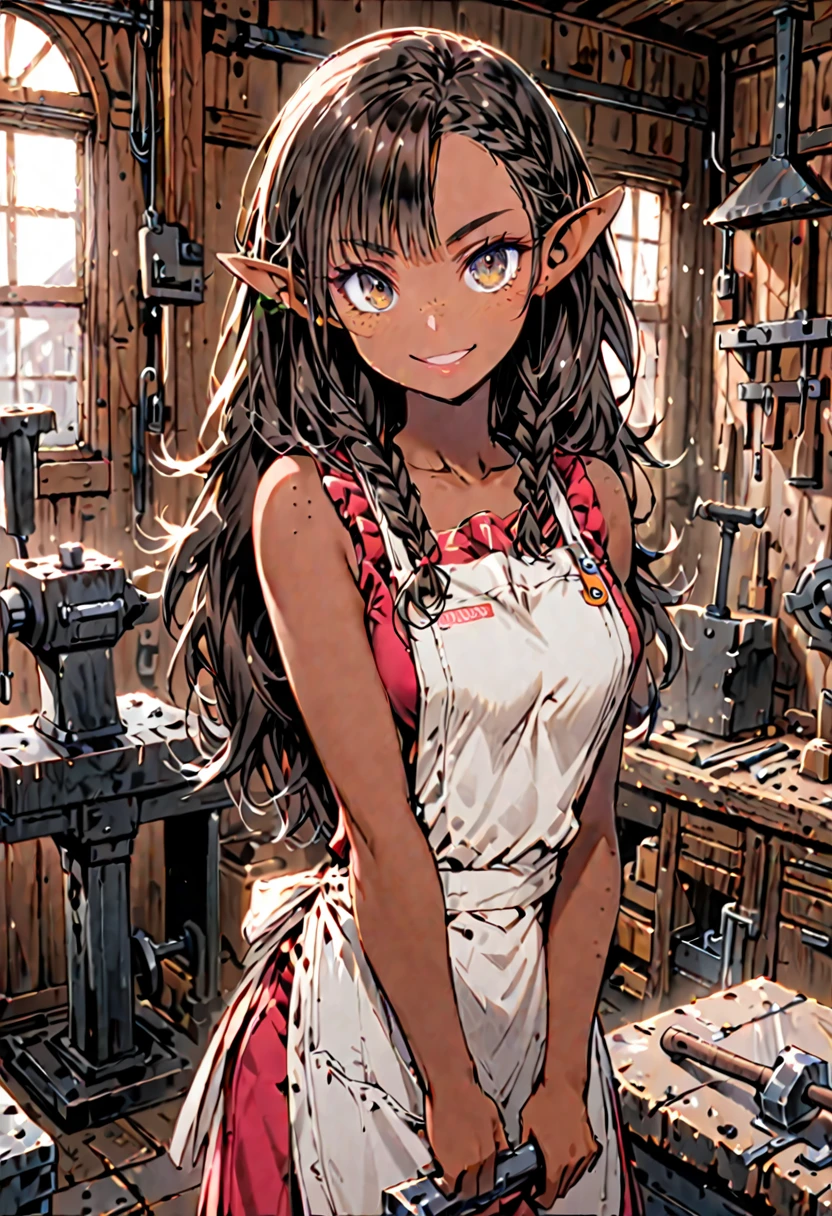 solo, female, sfw, medium shot, short:1.4, broad shoulders, happy smile, long hair, braids hazel eyes, anvil, hammer, apron, freckles, tan skin, pointed ears, workshop