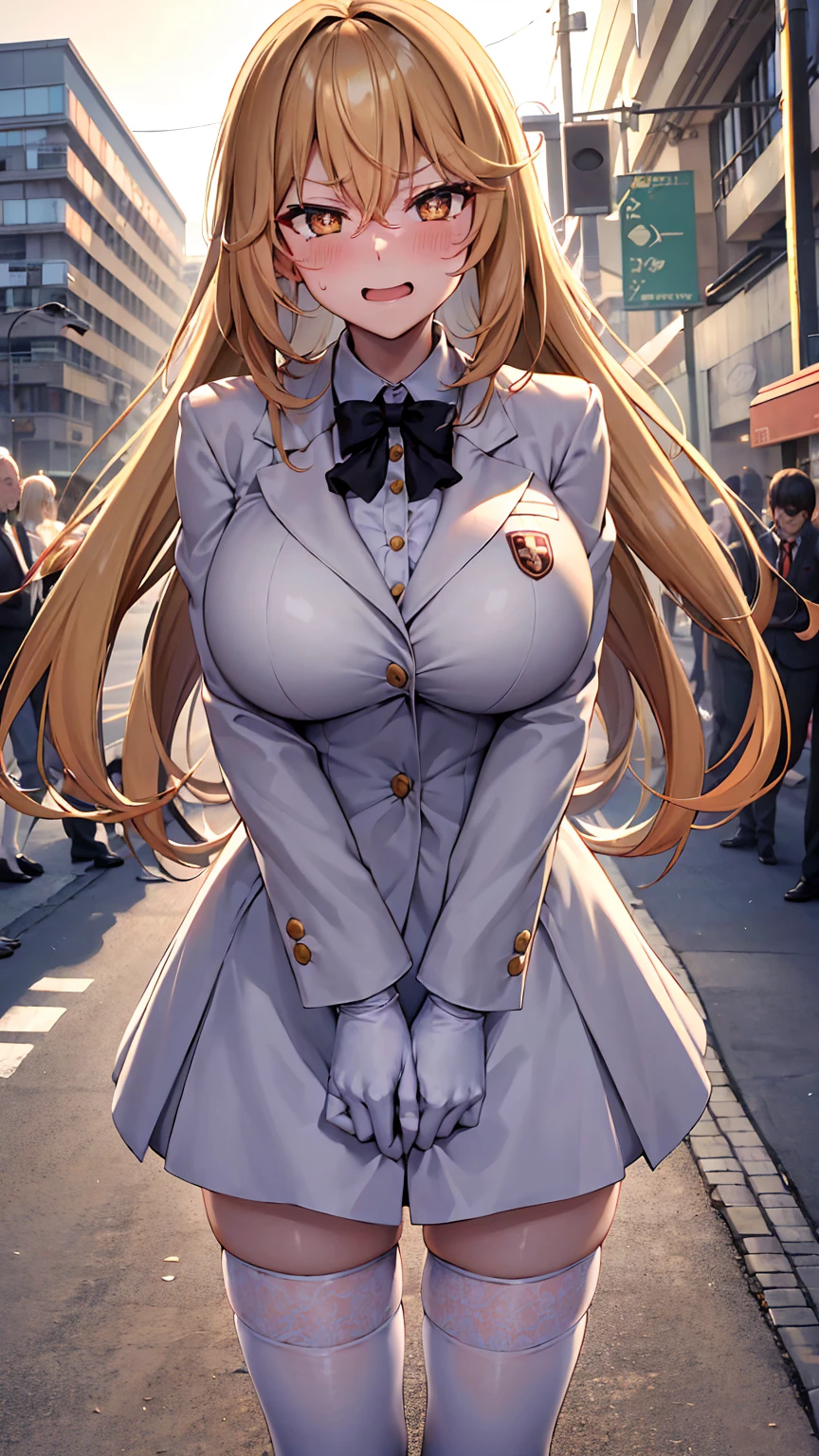 masterpiece, best quality, highres, hmmisaki, long hair, symbol-shaped pupils, +_+, large breasts, white gloves, elbow gloves, white thighhighs, smile, Black clothing:1.8 Mourning clothes 1.2, funeral++ street, Are standing, Cowboy Shot, smile, Open your mouth, In town panic++++ Embarrassed+++ Excited+++ Be upset++++ (In a suit:1.6) (Embarrassed:1.6) (Blushing:1.4) (Large Breasts:1.6)
